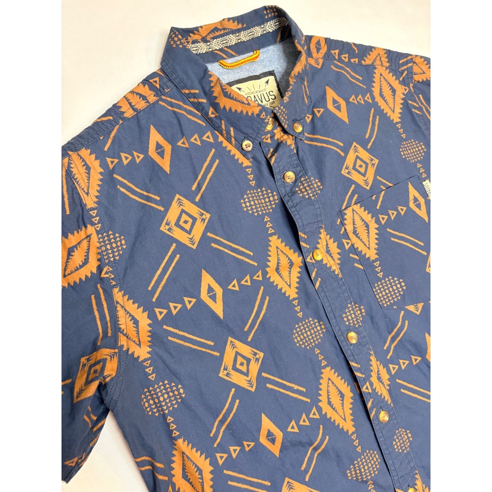 Dravus Mens Navy Blue Orange Geometric Tribal Print Short Sleeve Button Down M